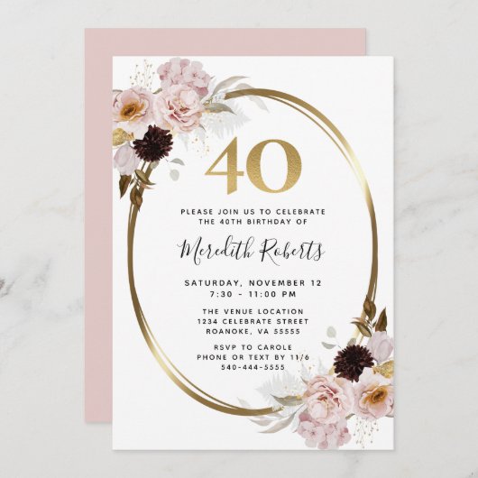 40e verjaardag van de Rozen Gold Metallic Floral P Kaart (Voorkant / Achterkant)