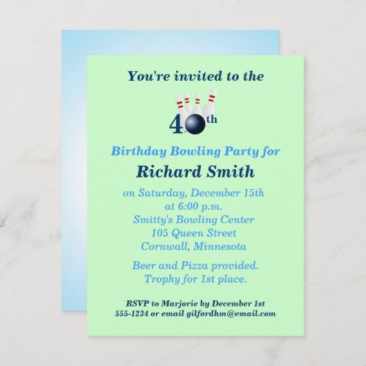 40e verjaardag van de uitnodiging van de Bowling P (Voorkant / Achterkant)