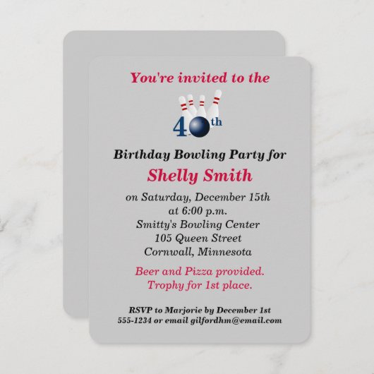 40e verjaardag van de uitnodiging van de Bowling P (Voorkant / Achterkant)