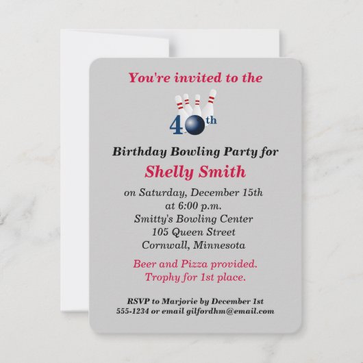 40e verjaardag van de uitnodiging van de Bowling P (Voorkant)