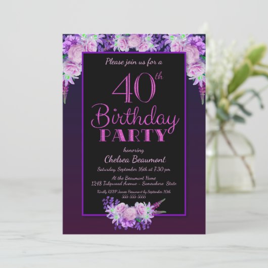 40e verjaardag van de Zwarte en Paarse Floral Kaart (Staand voorkant)