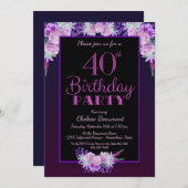 40e verjaardag van de Zwarte en Paarse Floral Kaart (Voorkant / Achterkant)