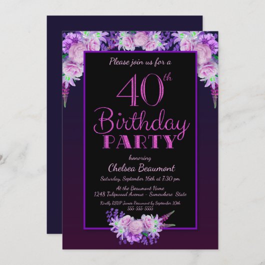 40e verjaardag van de Zwarte en Paarse Floral Kaart (Voorkant / Achterkant)