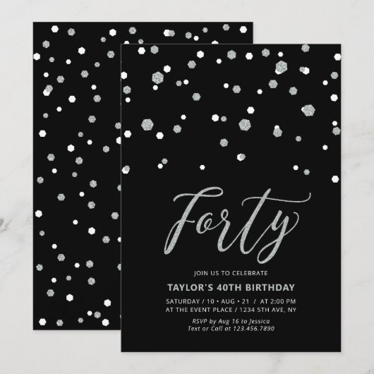 40e verjaardag van de zwarte en zilveren Confetti Kaart (Voorkant / Achterkant)