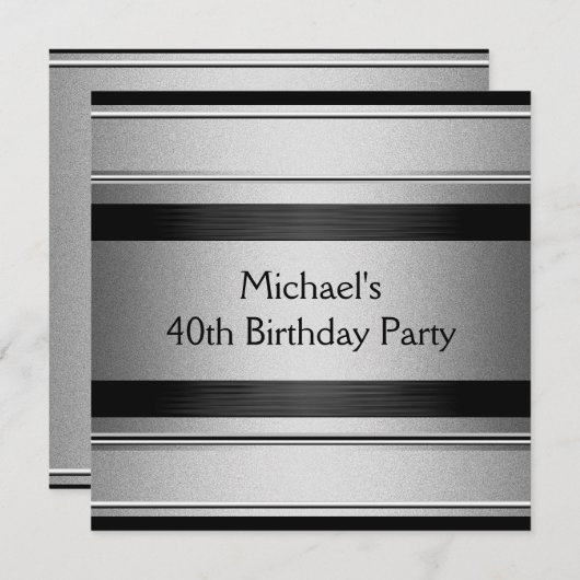 40e verjaardag van Elegant Black & Silver Metal Kaart (Voorkant / Achterkant)