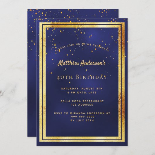 40e verjaardag van het blauwe gouden feest kaart (Voorkant / Achterkant)