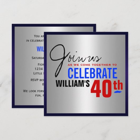 40e verjaardag van het man - Red Silver Blue Kaart (Voorkant / Achterkant)