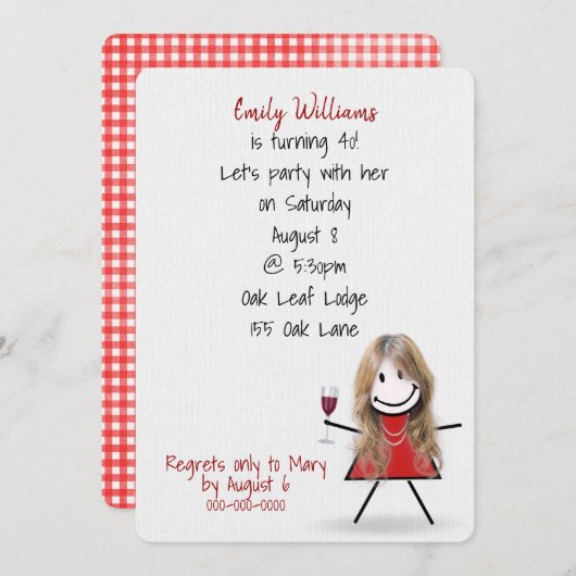 40e verjaardag van het meisje met wijn kaart (Voorkant / Achterkant)