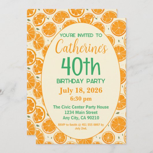 40e Verjaardag, Vers Sinaasappel Slice Pattern Kaart (Voorkant / Achterkant)