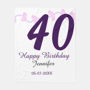 40e verjaardag voeg naam datum jaar paarse bloemen fleece deken