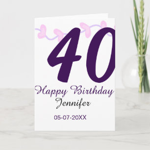 40e verjaardag voeg naam datum jaar paarse bloemen kaart