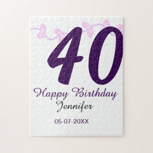 40e verjaardag voeg naam datum jaar paarse bloemen legpuzzel