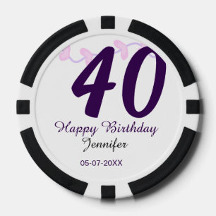 40e verjaardag voeg naam datum jaar paarse bloemen poker chips