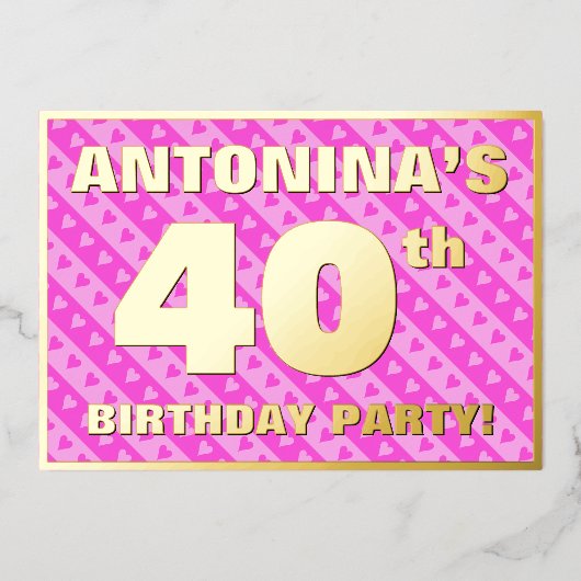 40e verjaardag — vuurroze harten en strips folie uitnodiging (Voorkant)