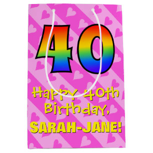 40e verjaardag: vuurroze kunststrepen; regenboog 4 medium cadeauzakje