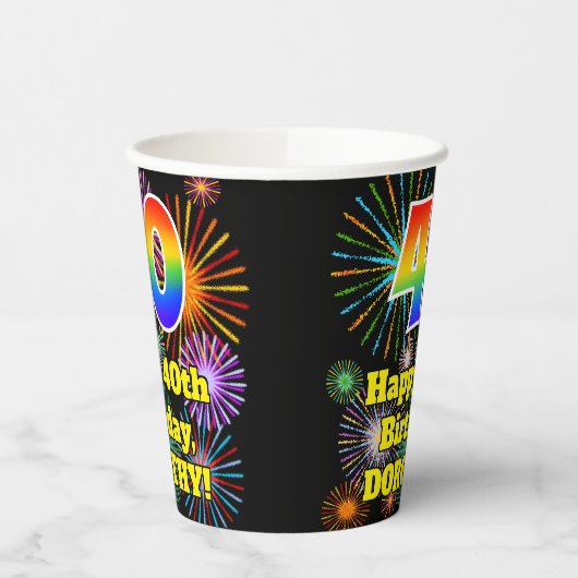 40e verjaardag: Vuurwerk Fun Pattern + Regenboog 4 Papieren Bekers (Links)