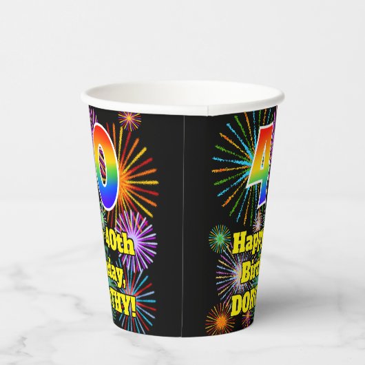 40e verjaardag: Vuurwerk Fun Pattern + Regenboog 4 Papieren Bekers (Rechts)
