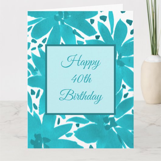 40e verjaardag Waterverf Turquoise Blue Flowers Kaart (Voorkant)