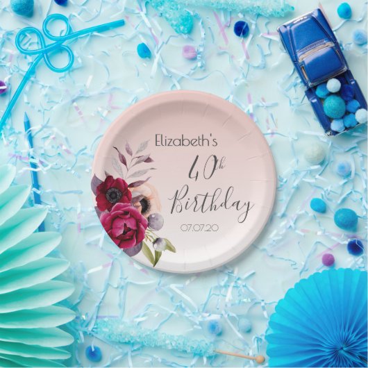 40e verjaardag wazige roze roze roos goudbloem papieren bordje (Feest)