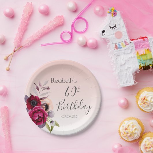 40e verjaardag wazige roze roze roos goudbloem papieren bordje (Feest)