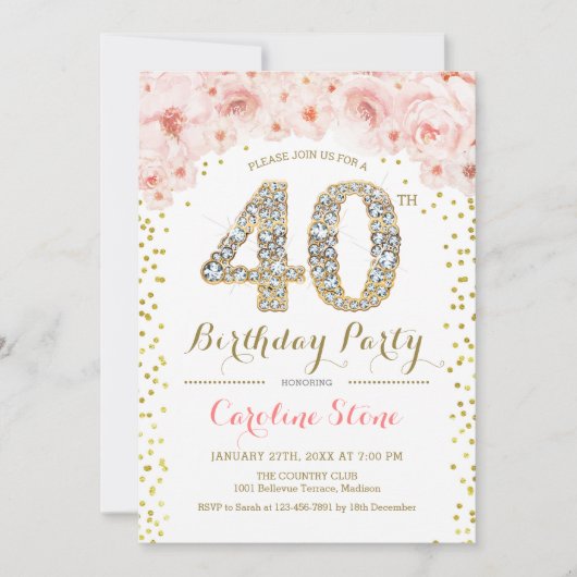 40e verjaardag - White Gold Pink Kaart (Voorkant)