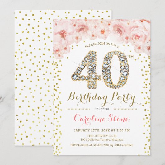 40e verjaardag - White Gold Pink Kaart (Voorkant / Achterkant)