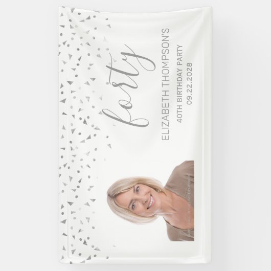 40e verjaardag White Silver Confetti Foto Spandoek (Verticaal)