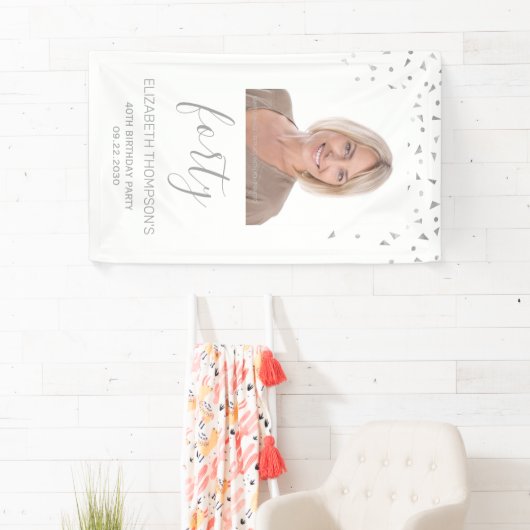40e verjaardag White Silver Confetti Photo Spandoek (Insitu)