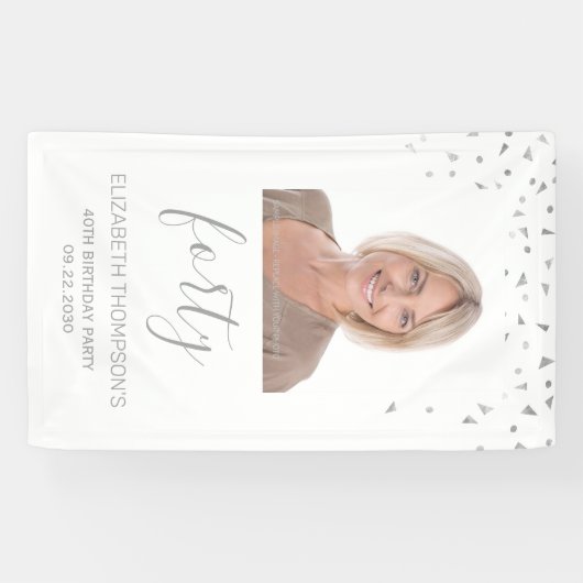 40e verjaardag White Silver Confetti Photo Spandoek (Horizontaal)