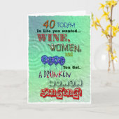40e verjaardag, wijn vrouwen en lied kaart (Gele Bloem)