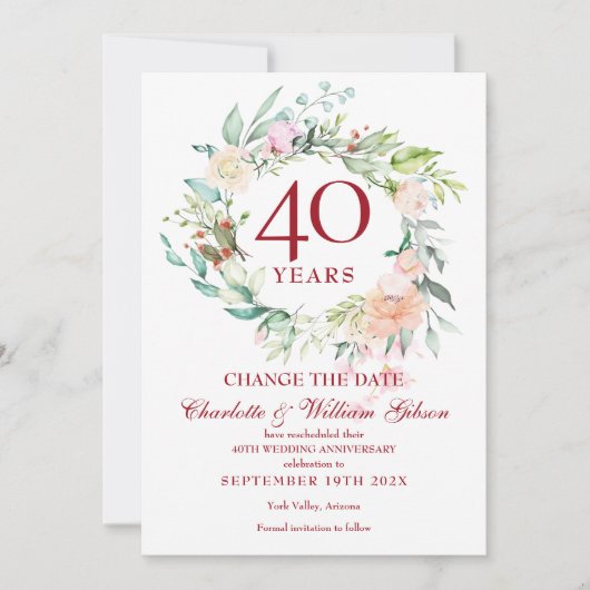 40e verjaardag Wijzig de datum Rozenkrans  Kaart (Voorkant)