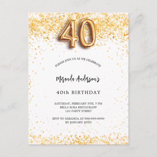 40e verjaardag wit goud confetti elegant uitnodiging briefkaart (Voorkant)