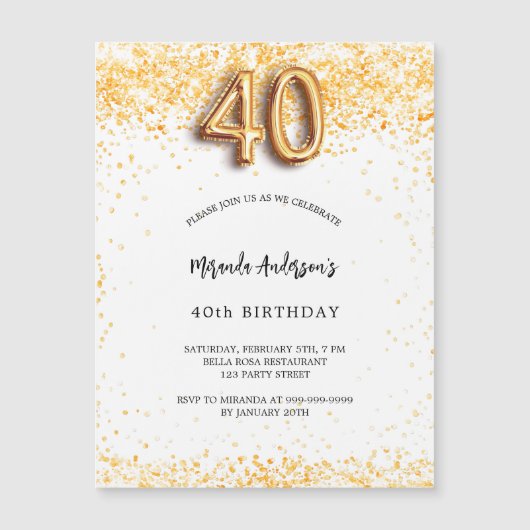 40e verjaardag wit goud confetti elegante luxe magnetische uitnodiging (Voorkant)