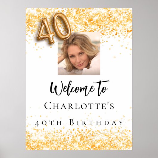 40e verjaardag wit goud foto confetti welkom poster (Voorkant)