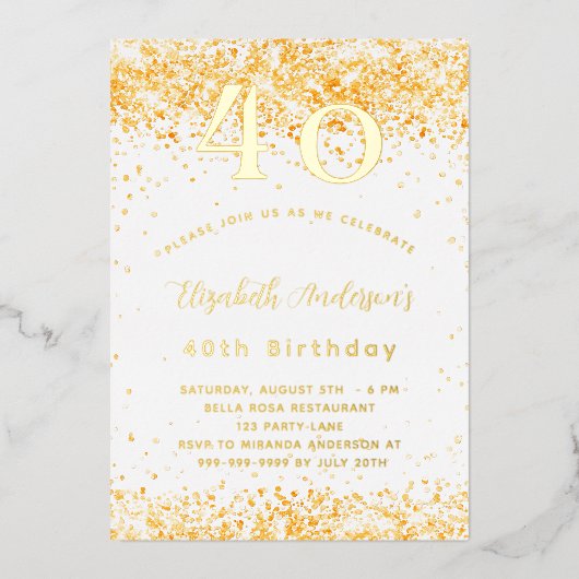 40e verjaardag wit goud glitter luxe folie uitnodiging (Voorkant)