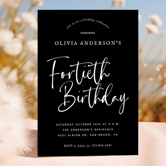 40e verjaardag | Wit op zwarte typografie Kaart