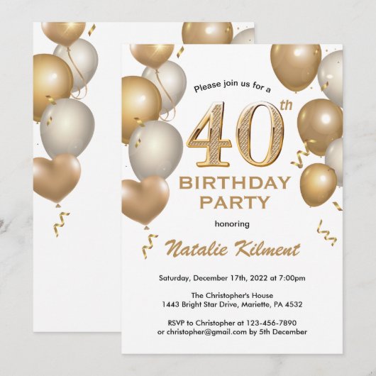 40e verjaardag Witte en gouden ballonnen Kaart (Voorkant / Achterkant)