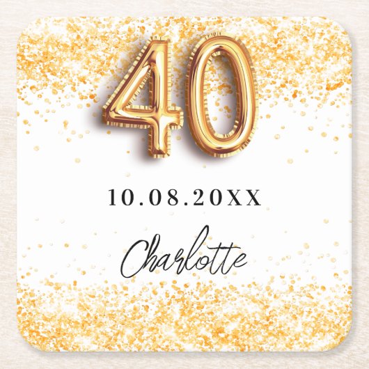 40e verjaardag witte goudglitter naam kartonnen onderzetters (Voorkant)