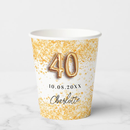 40e verjaardag witte goudglitter naam papieren bekers (Achterkant)