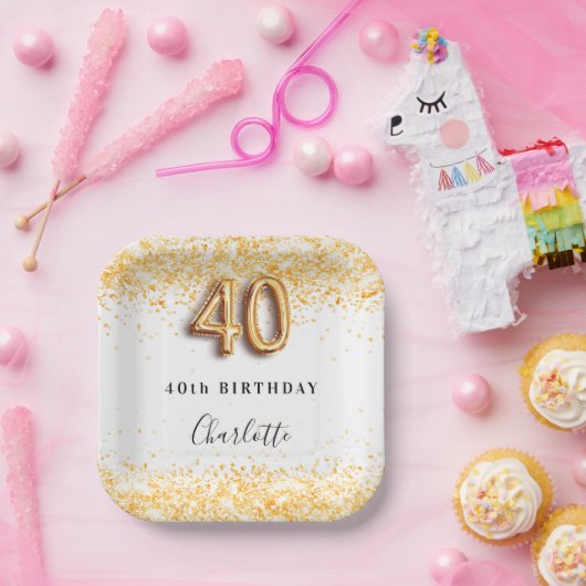40e verjaardag witte goudglitter naam papieren bordje (Feest)