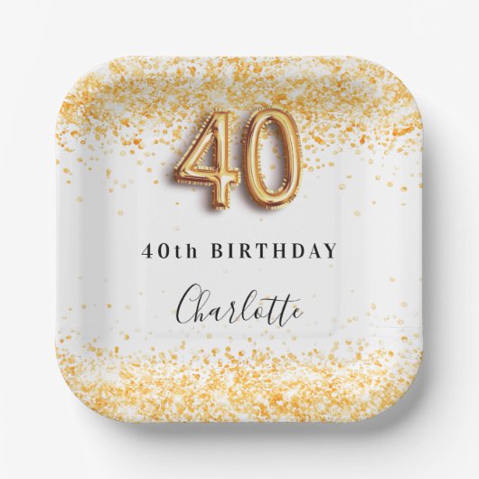 40e verjaardag witte goudglitter naam papieren bordje (Voorkant)