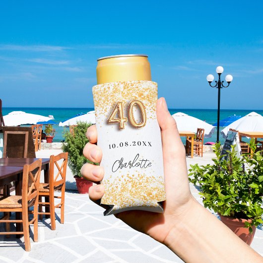 40e verjaardag witte goudglitter naam seltzer blikjeskoeler