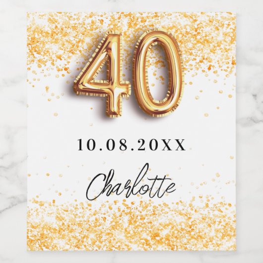 40e verjaardag witte goudglitter naam wijn etiket (Enkel label)