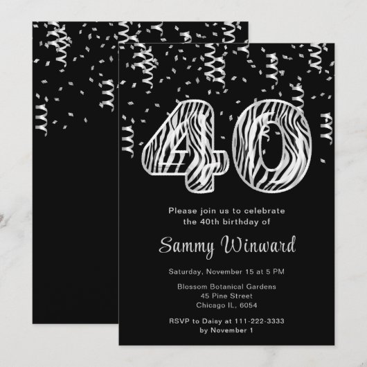 40e verjaardag Zebra print ballonnen met Confetti Kaart (Voorkant / Achterkant)