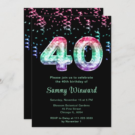 40e verjaardag Zeemeerminnenballonnen met Confetti Kaart (Voorkant / Achterkant)