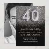 40e verjaardag Zilver & Black Glitter Party Kaart (Voorkant / Achterkant)