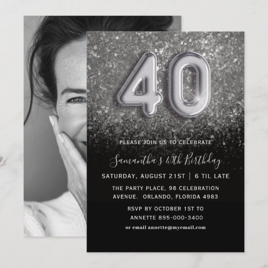 40e verjaardag Zilver & Black Glitter Party Kaart (Voorkant / Achterkant)