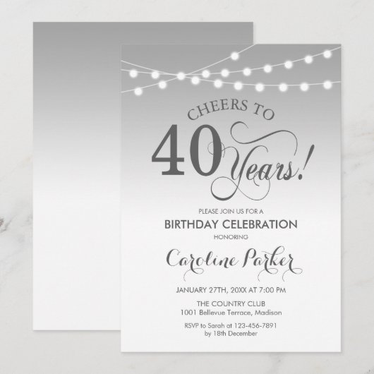 40e verjaardag - Zilver Wit Kaart (Voorkant / Achterkant)
