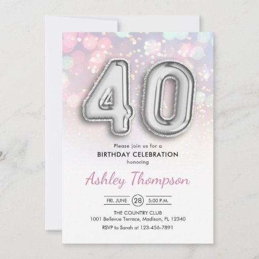 40e verjaardag - Zilveren Ballonnen Roze Lichten Kaart (Voorkant)