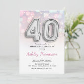 40e verjaardag - Zilveren Ballonnen Roze Lichten Kaart (Staand voorkant)